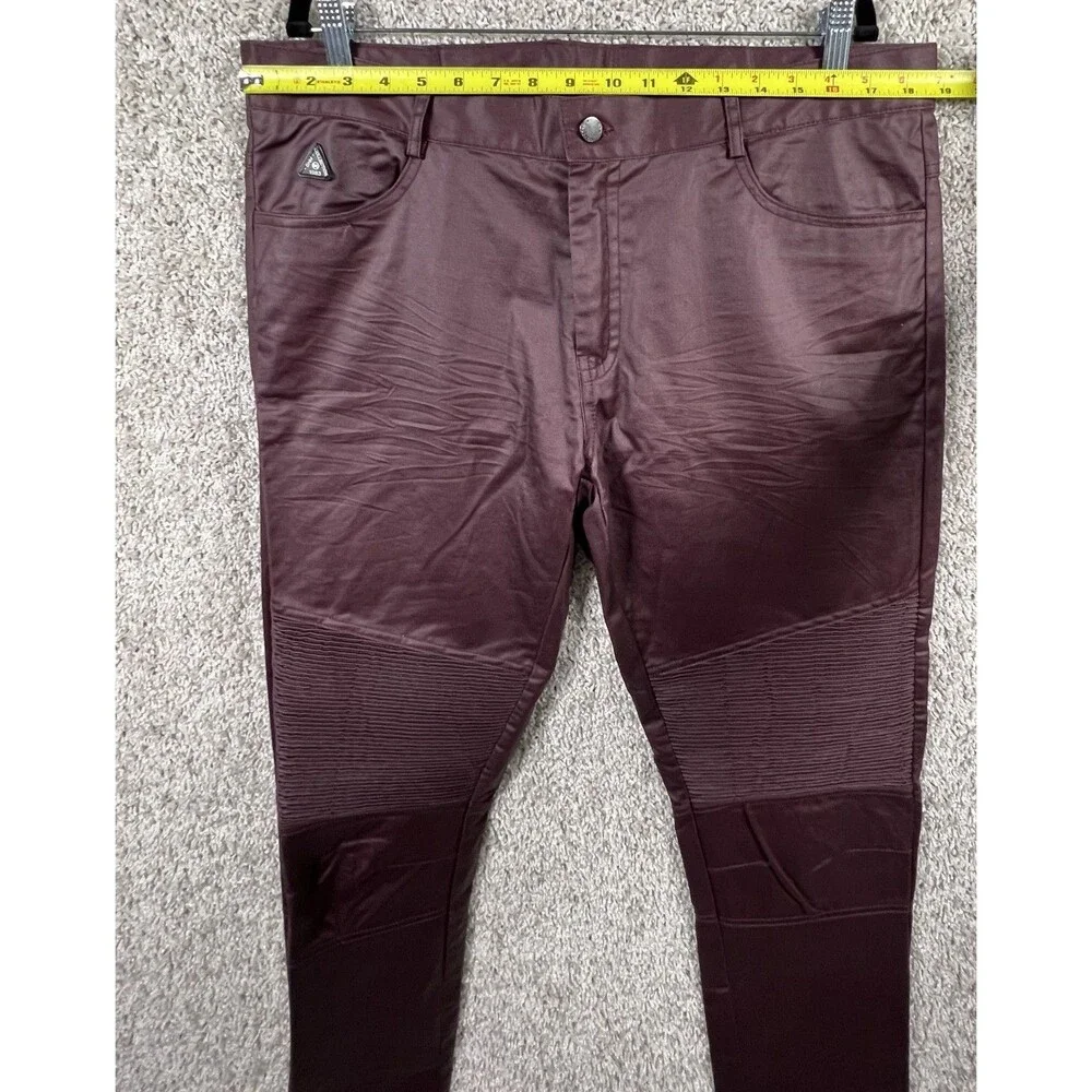 DNM Collection Men’s Biker Pants Burgundy Coated Slim Fit Size 36 Moto Style
